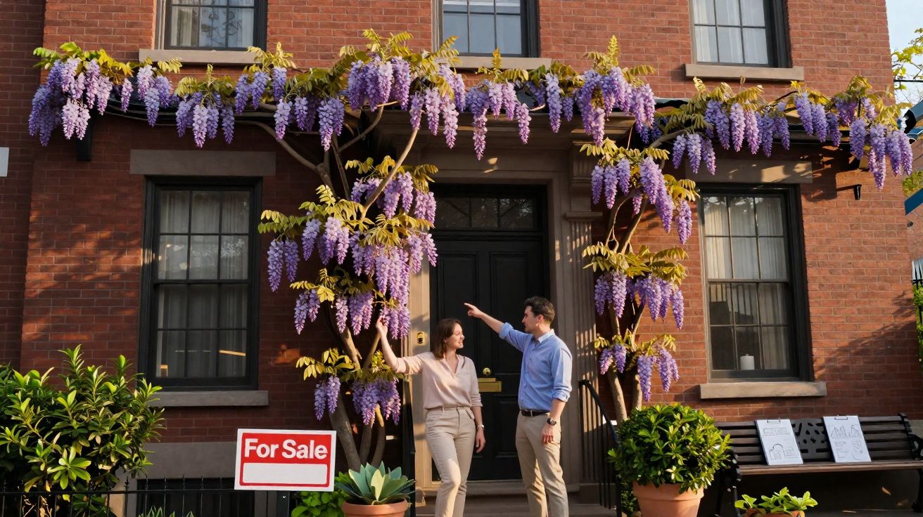 Un couple regarde une maison en brique avec une glycine violette en fleurs et un panneau "À vendre".