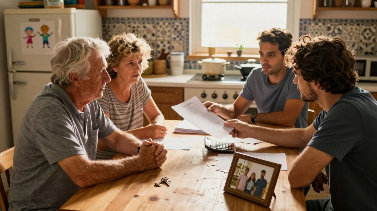 Quatre adultes discutent autour d'une table en bois dans une cuisine, examinant des documents.
