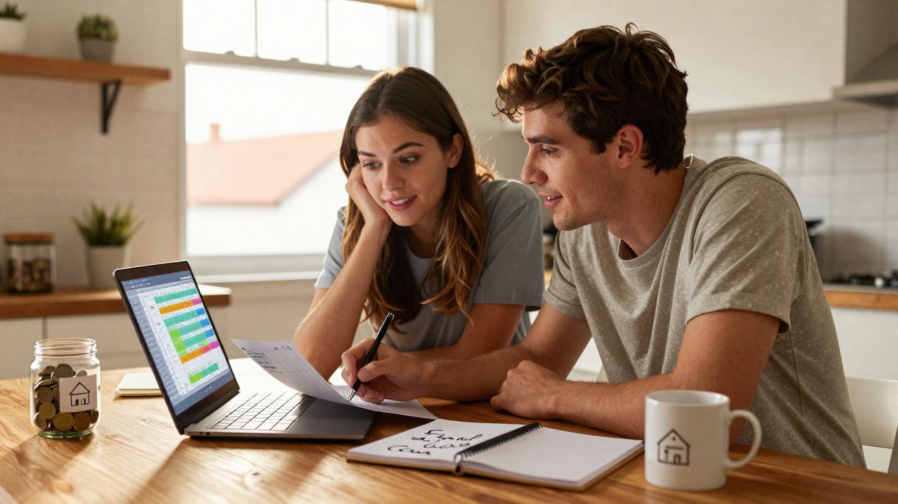 Jeune couple assis à une table, planifiant leur budget avec un ordinateur portable et des documents.