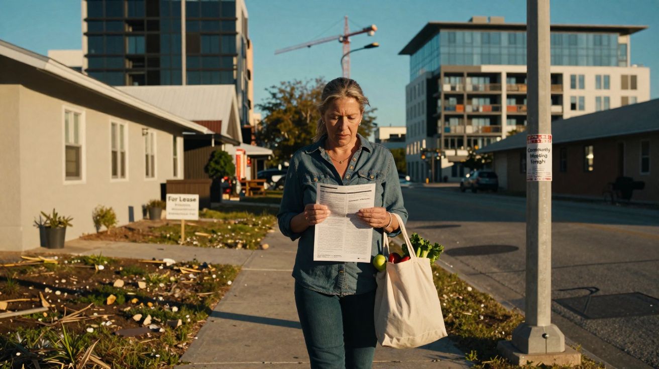 Femme marchant dans une rue urbaine, consultant un document, tenant un sac réutilisable avec des légumes.