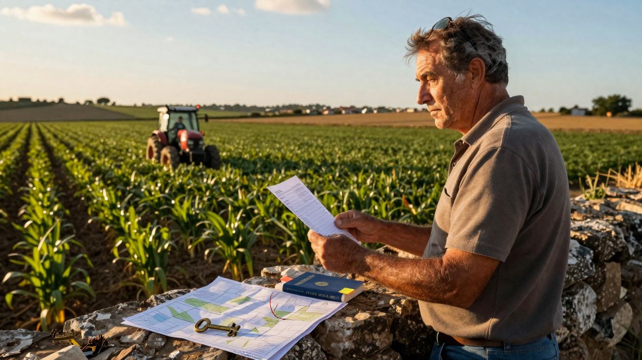 Agriculteur regardant des documents près d'un champ de maïs avec un tracteur à l'arrière-plan au coucher du soleil.