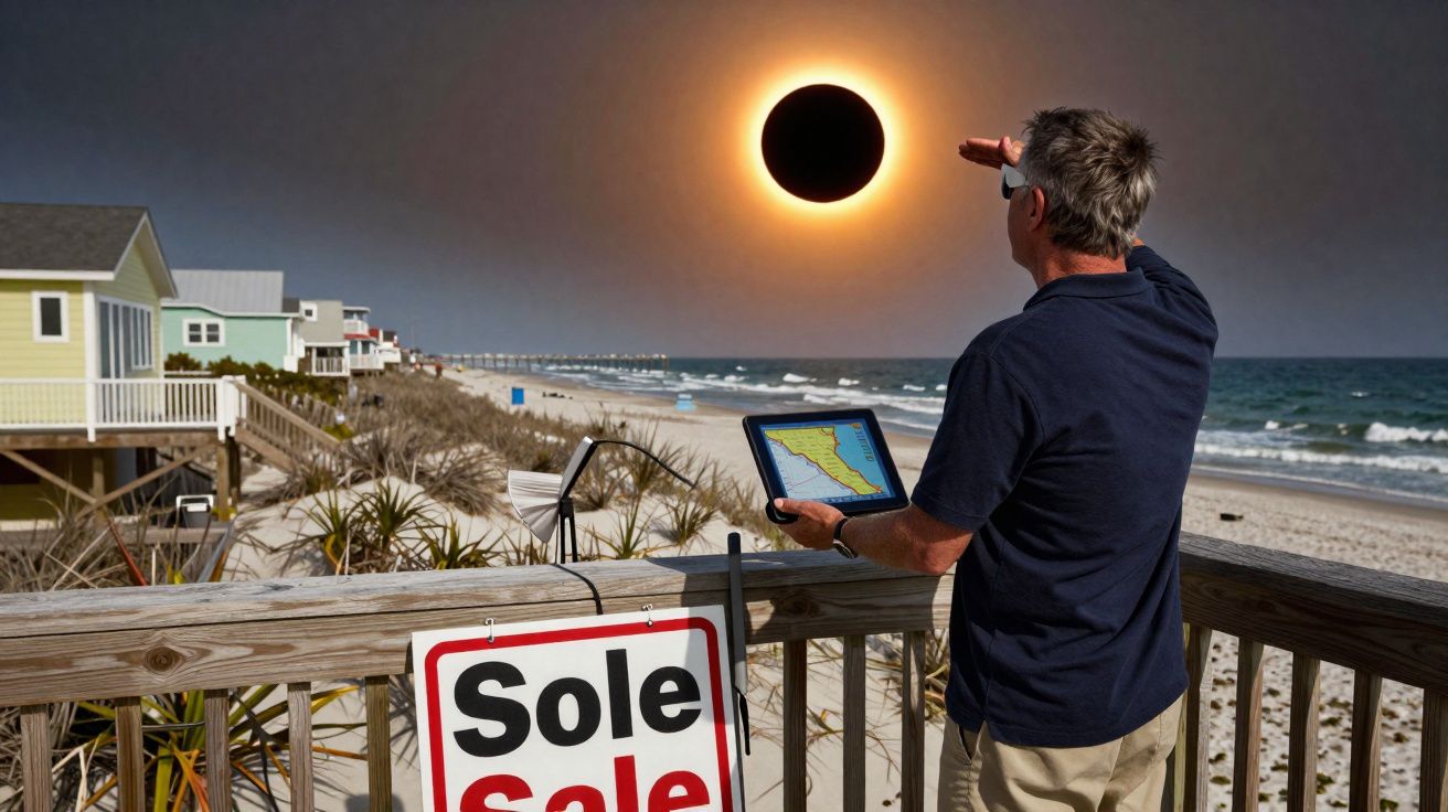 Homme regardant une éclipse solaire totale depuis une plage avec des maisons colorées en arrière-plan.