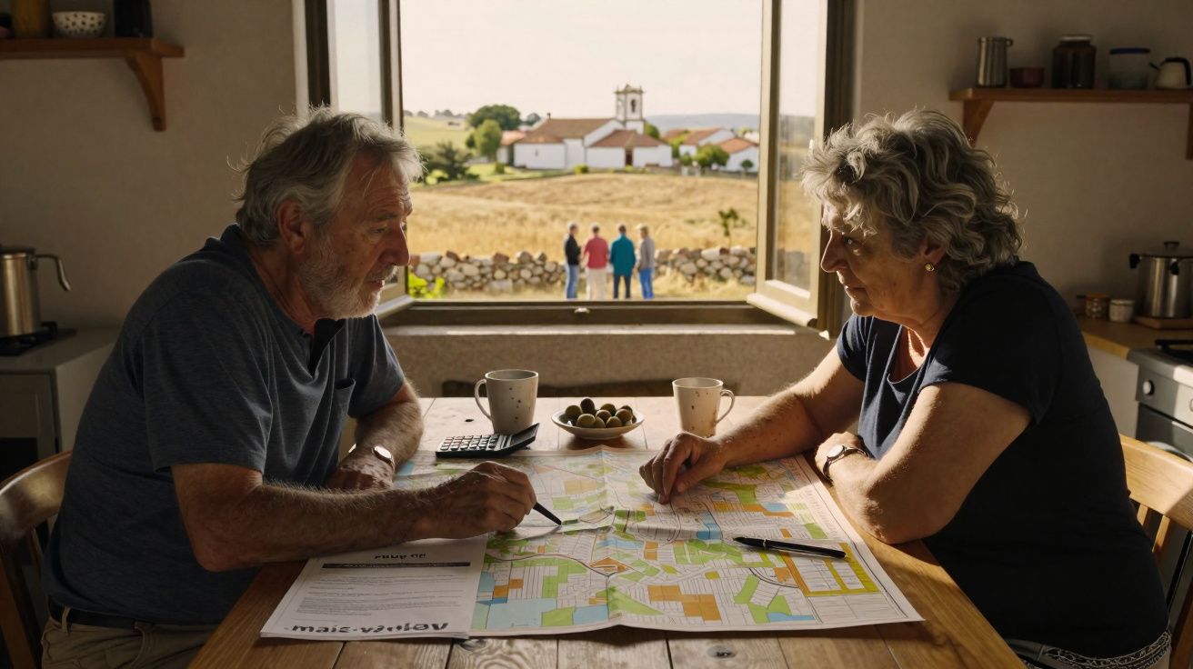 Un couple âgé consulte une carte sur une table, avec une fenêtre ouverte donnant sur un village et trois personnes dehors.