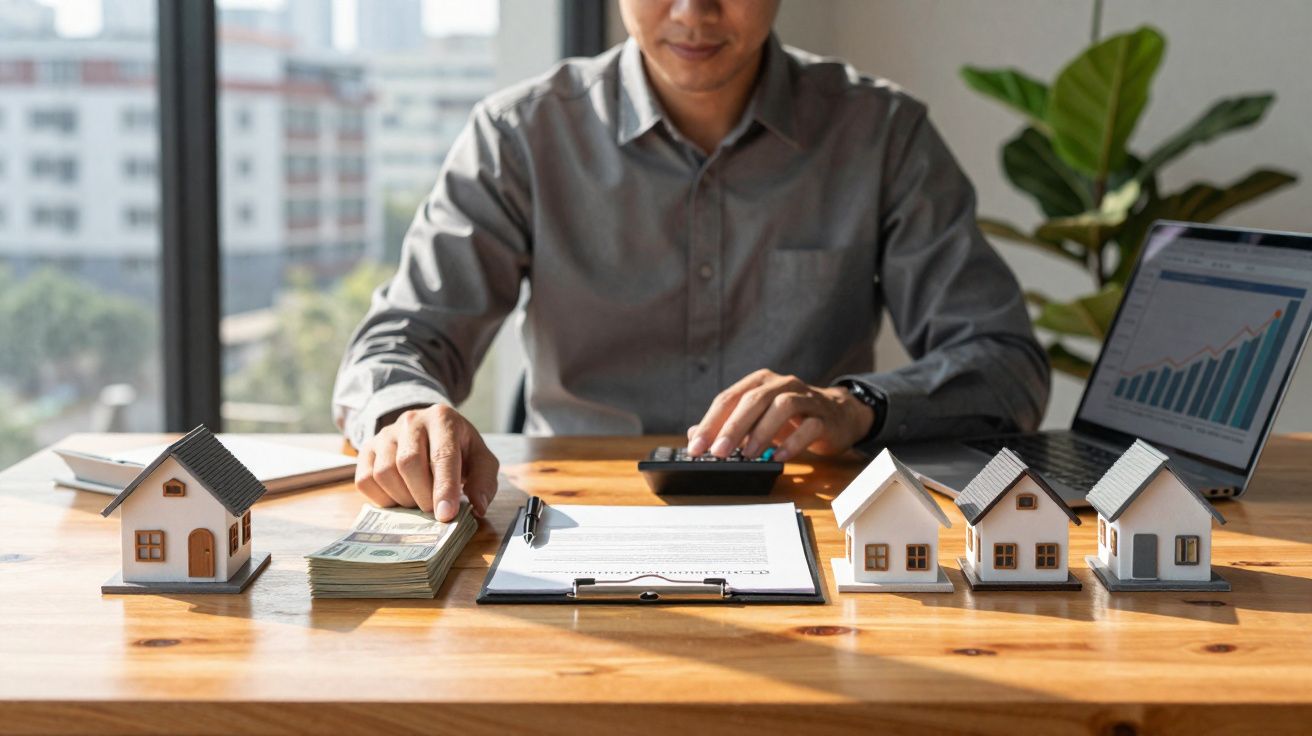 Homme calculant et posant de l'argent près de maquettes de maisons sur un bureau ensoleillé.