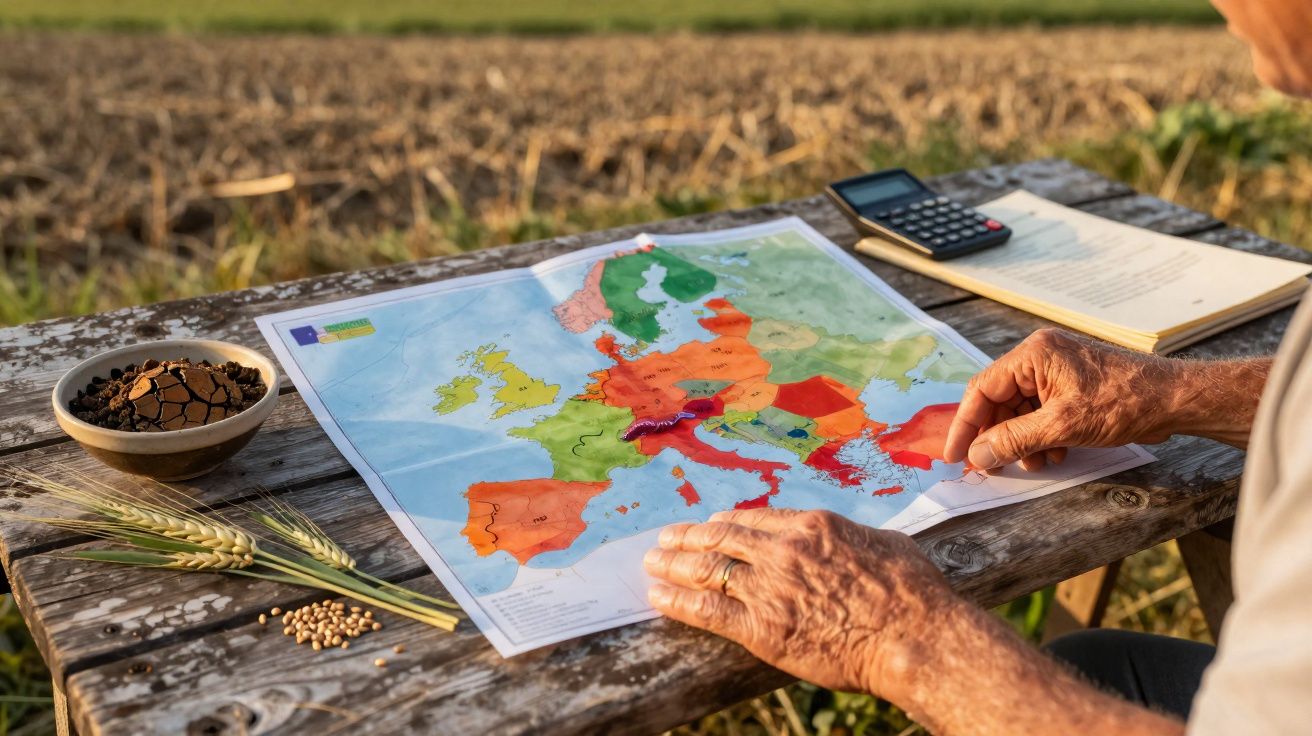 Carte colorée de l’Europe posée sur une table en bois avec une personne, un carnet, une calculatrice et des céréales.