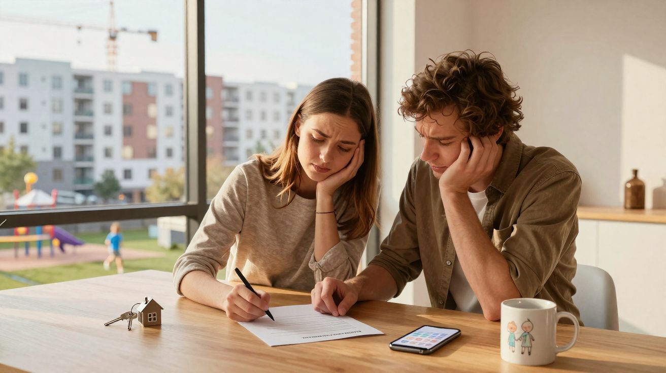 Jeune couple préoccupé signant un document avec des clés de maison sur la table, lumière naturelle.