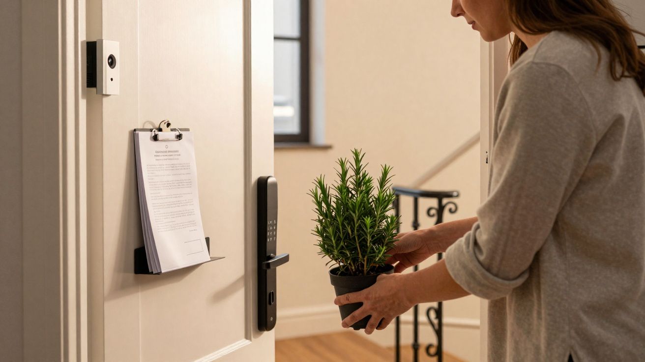 Femme déposant une plante verte près d’une porte équipée d’une serrure électronique et d’un interphone.