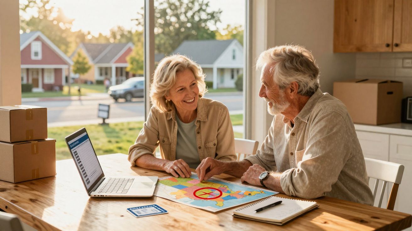 Couple senior planifiant un voyage autour d'une carte avec un ordinateur portable et des cartons dans une maison lumineuse.