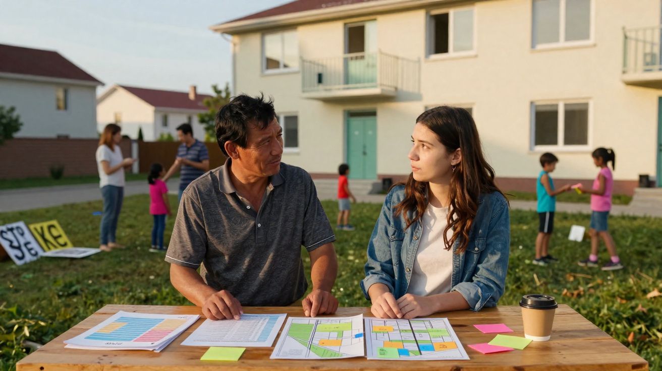 Un homme et une femme discutent devant des plans sur une table en bois dans un quartier résidentiel.