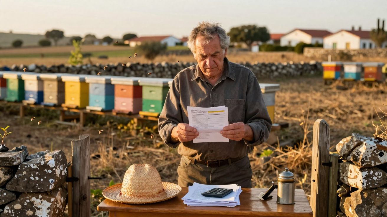 Apiculteur lisant un document devant ses ruches colorées dans un champ au coucher du soleil.