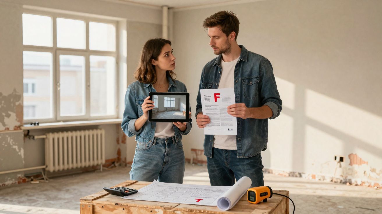 Jeune couple debout dans une pièce en rénovation, discutant plans et document d'évaluation immobilière.