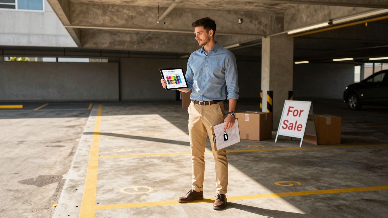 Homme debout dans un parking, tenant une tablette et un dossier, panneau "For Sale" en arrière-plan.