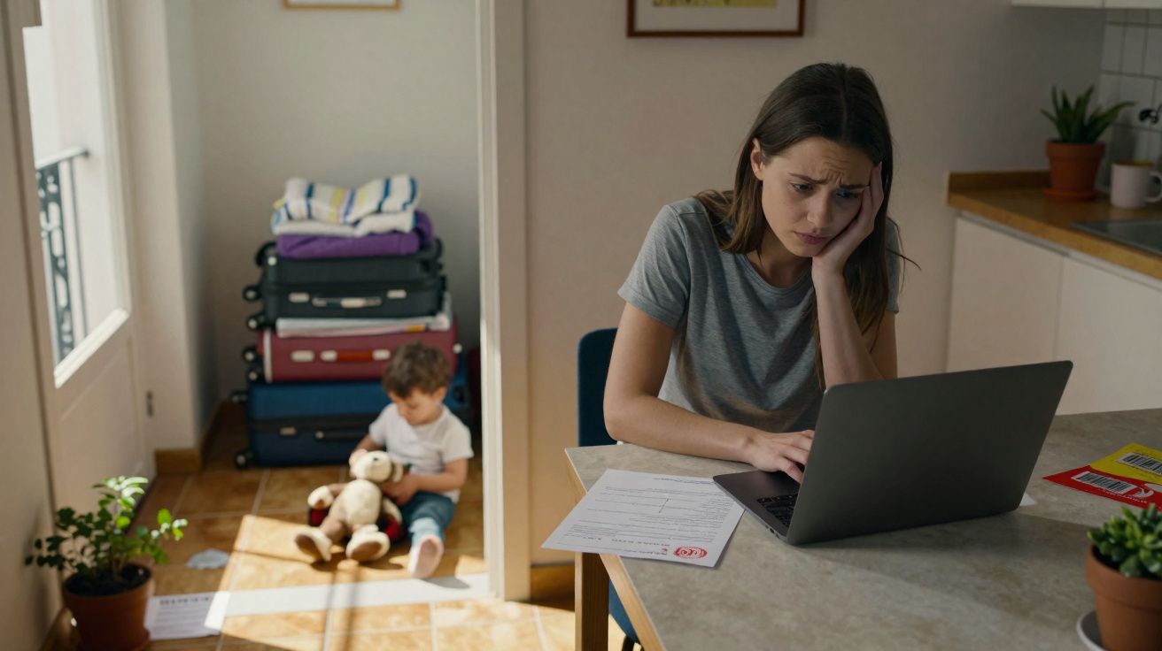 Femme stressée travaillant sur ordinateur, enfant jouant avec une peluche près de valises empilées.