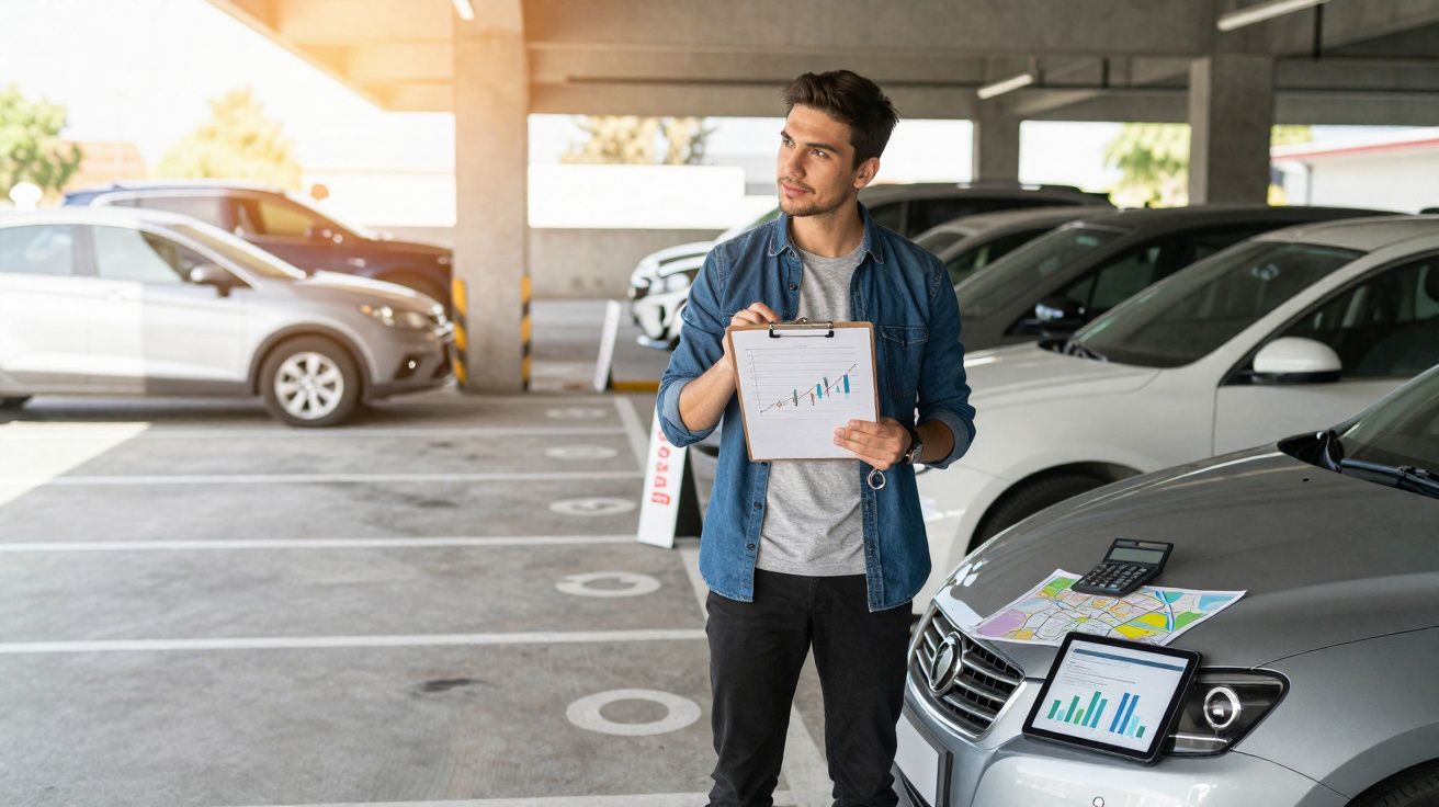 Homme debout dans un parking avec graphique sur clipboard, tablette et carte sur le capot d'une voiture grise.