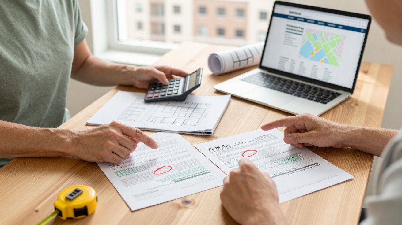 Deux personnes discutent de documents avec des plans, une calculatrice et un ordinateur portable sur une table en bois.