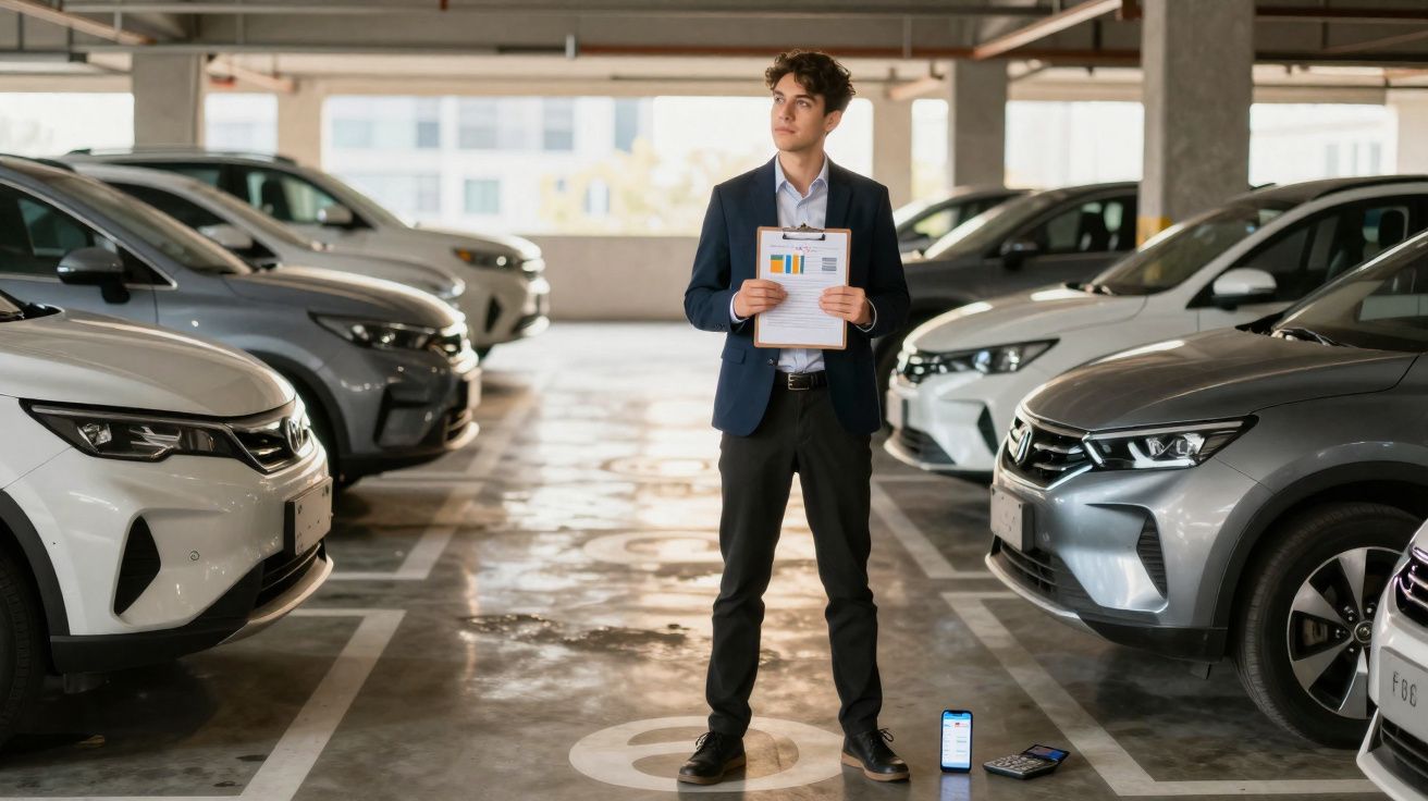 Jeune homme en costume dans un parking, tenant un graphique, entouré de voitures électriques garées.